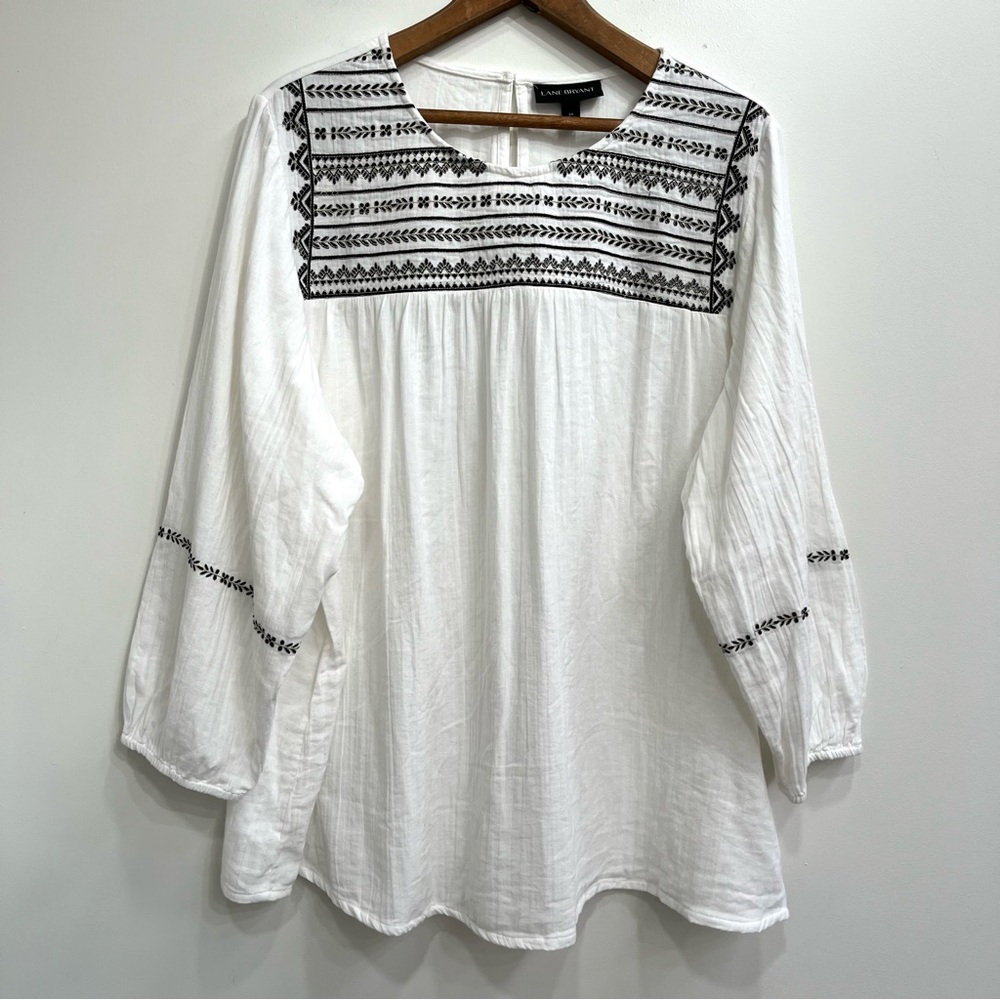 Lane Bryant Embroidered Peasant Top 100% Cotton Gauze Long Sleeve White Size 24